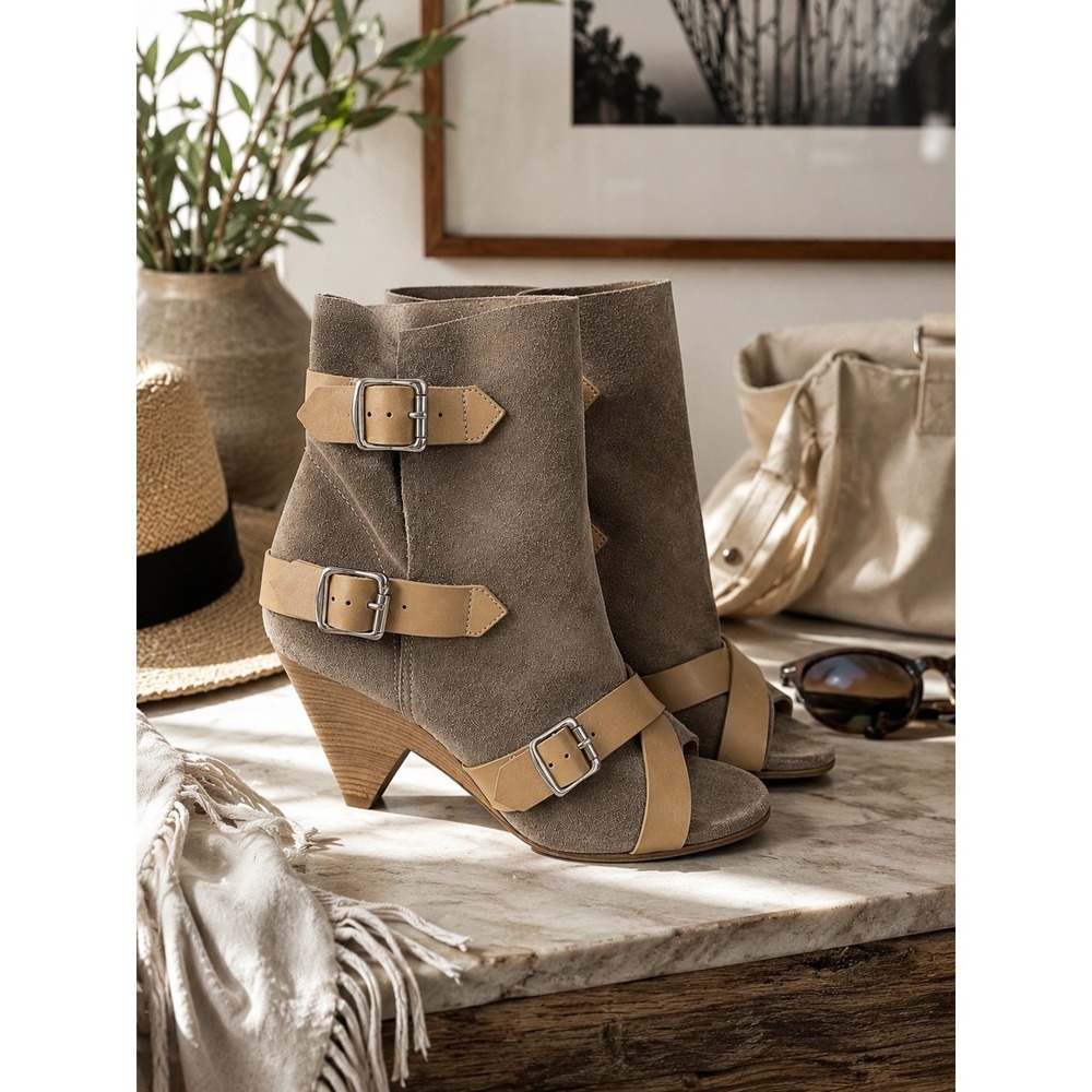 Belle Sigerson Morrison Suede Buckle Peep Toe Ankle Boots Taupe Tan 8